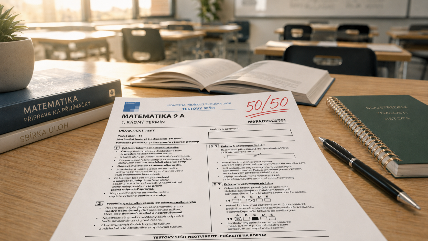 Vyplněný test z matematiky s výsledkem 50 bodů z 50